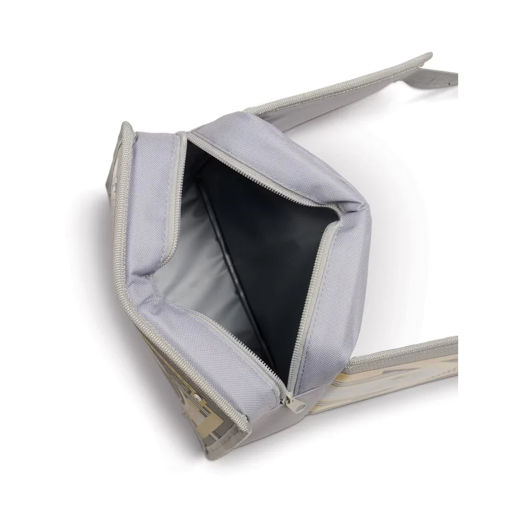 A light gray insulated pouch with a clear zipper, shown open to reveal a dark gray interior lining, on a white background.
