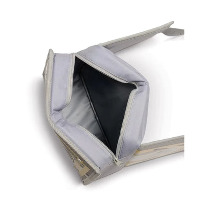 A light gray insulated pouch with a clear zipper, shown open to reveal a dark gray interior lining, on a white background.