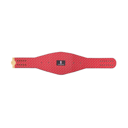 A red weightlifting belt with a repeating black monogram pattern, featuring a central black brand patch and a gold metal buckle on a plain white background.