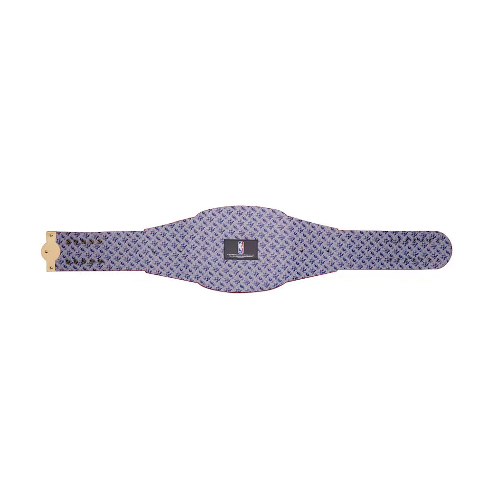 Purple patterned belt with a logo on a white background