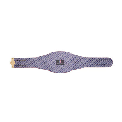 Purple patterned belt with a logo on a white background