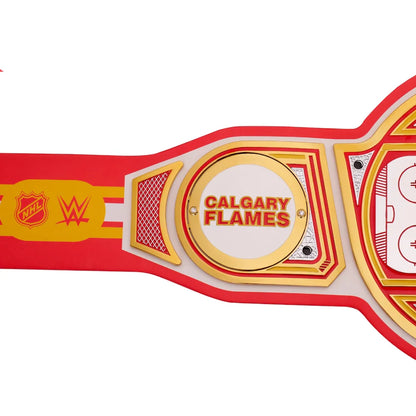 A Calgary Flames NHL replica championship belt shown horizontally against a white background, featuring red, yellow, and white panels with the team logo and NHL and WWE branding.