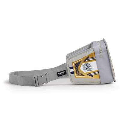 A light gray fanny pack with a gold, white, and navy blue football helmet graphic on the front pocket. The brand label 'KIKOO' is visible on the strap, and the product is photographed on a clean white background.