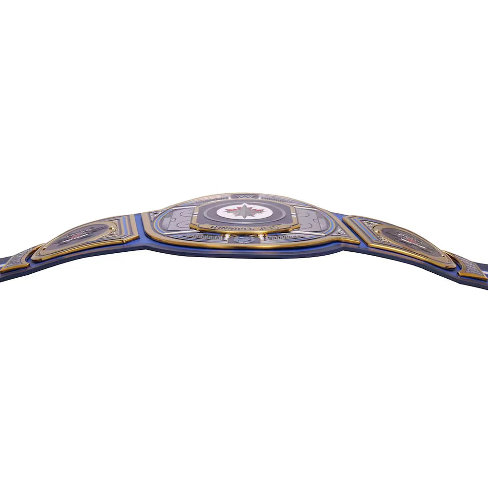 Blue championship belt with gold accents on a white background