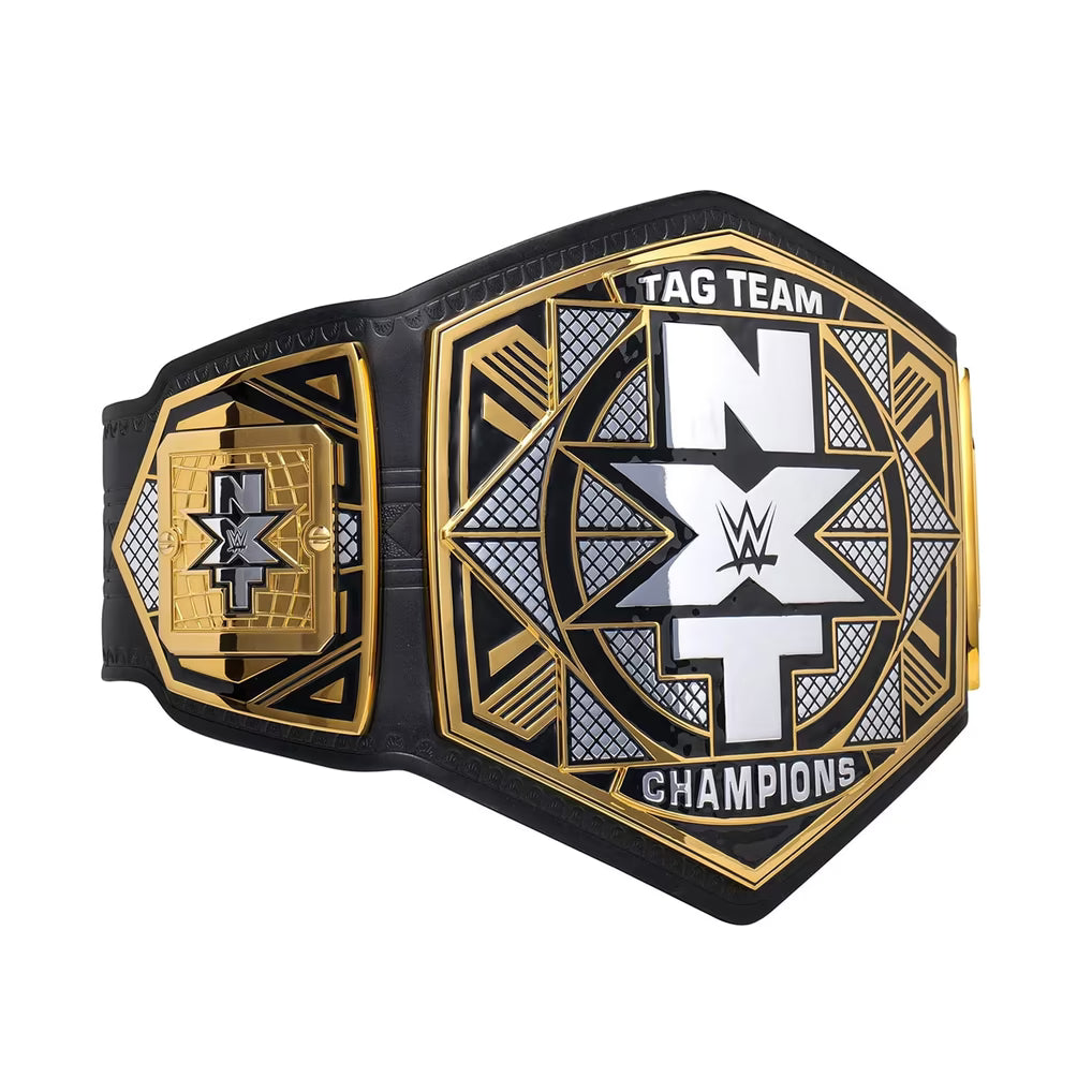 WWE NXT Tag Team Champions belt featuring a black leather strap with gold and silver metallic plates and white lettering.
