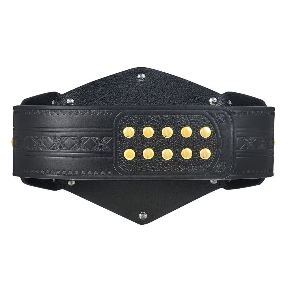 A wide black textured belt with embossed decorative patterns and a central rectangular plate featuring ten gold studs, shown on a plain white background.