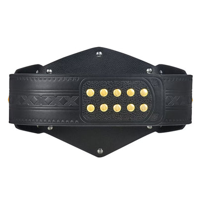 A wide black textured belt with embossed decorative patterns and a central rectangular plate featuring ten gold studs, shown on a plain white background.