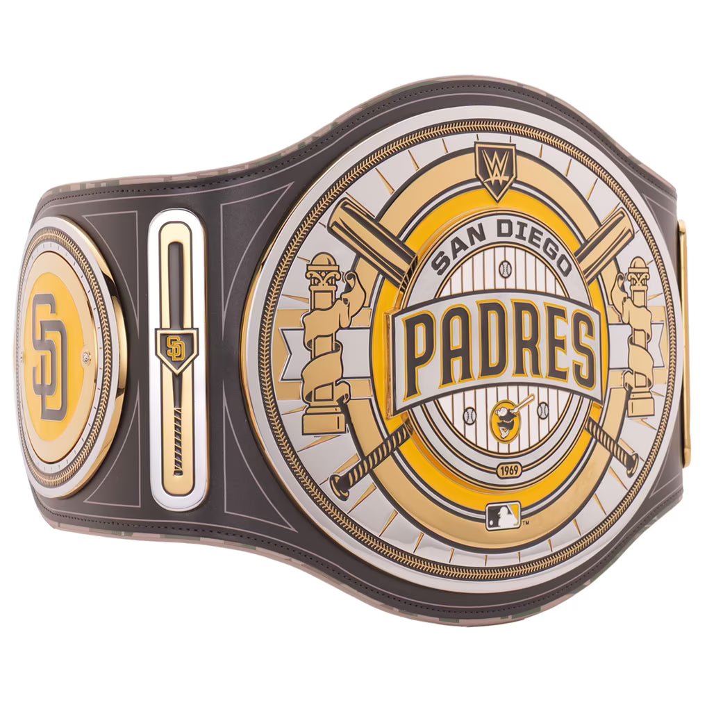 A San Diego Padres WWE championship belt featuring a large round gold and silver plate with 'PADRES' and 'SAN DIEGO' in gold lettering, flanked by two smaller gold and silver plates on a white background.