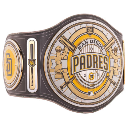 A San Diego Padres WWE championship belt featuring a large round gold and silver plate with 'PADRES' and 'SAN DIEGO' in gold lettering, flanked by two smaller gold and silver plates on a white background.