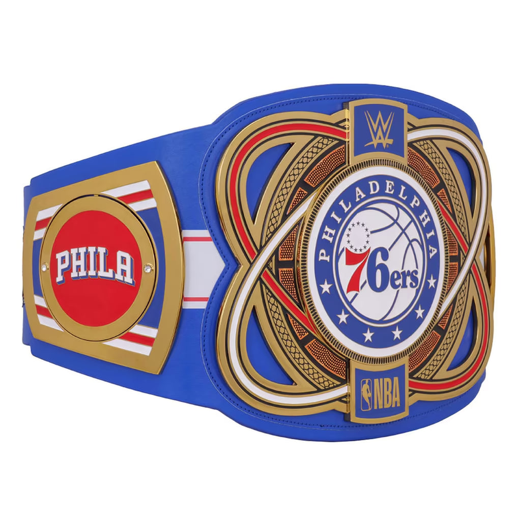 Philadelphia 76ers championship belt with NBA logo on a white background