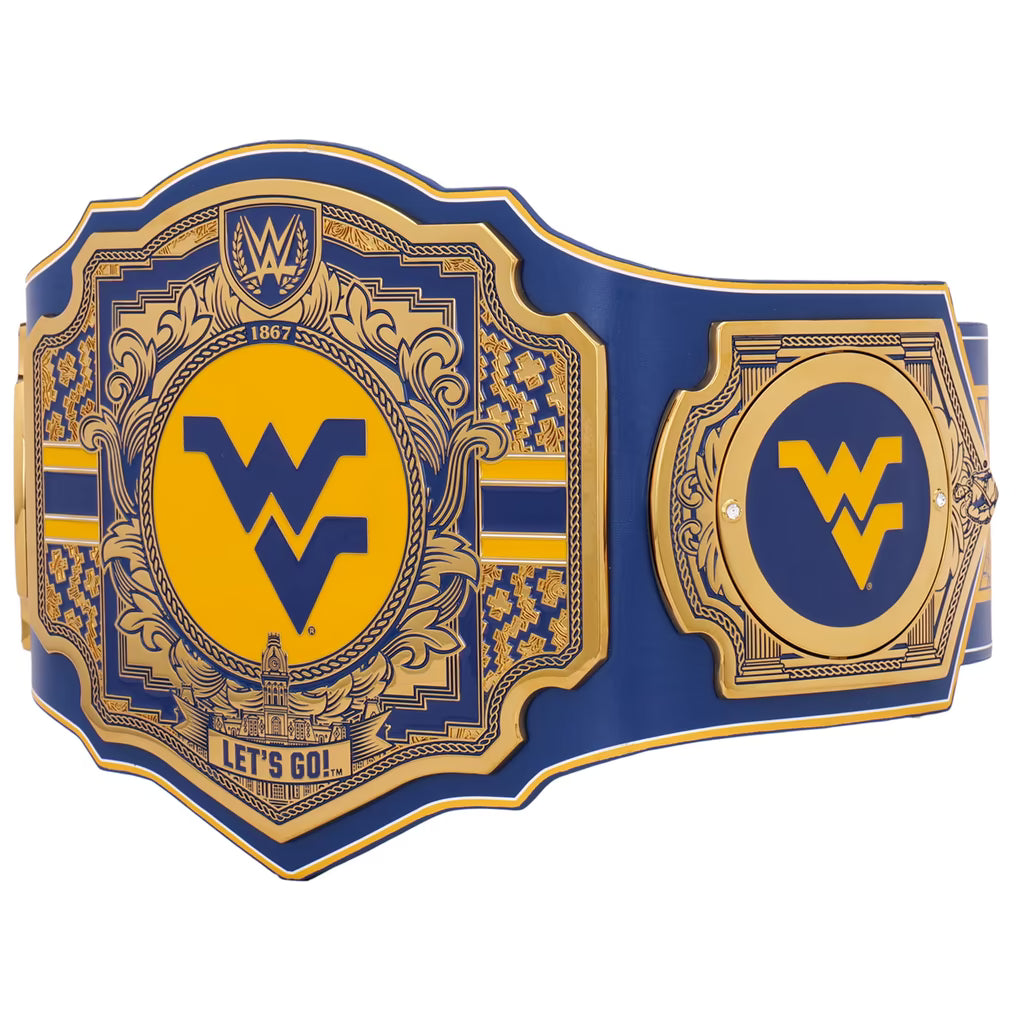 Blue and gold championship belt with West Virginia University logo