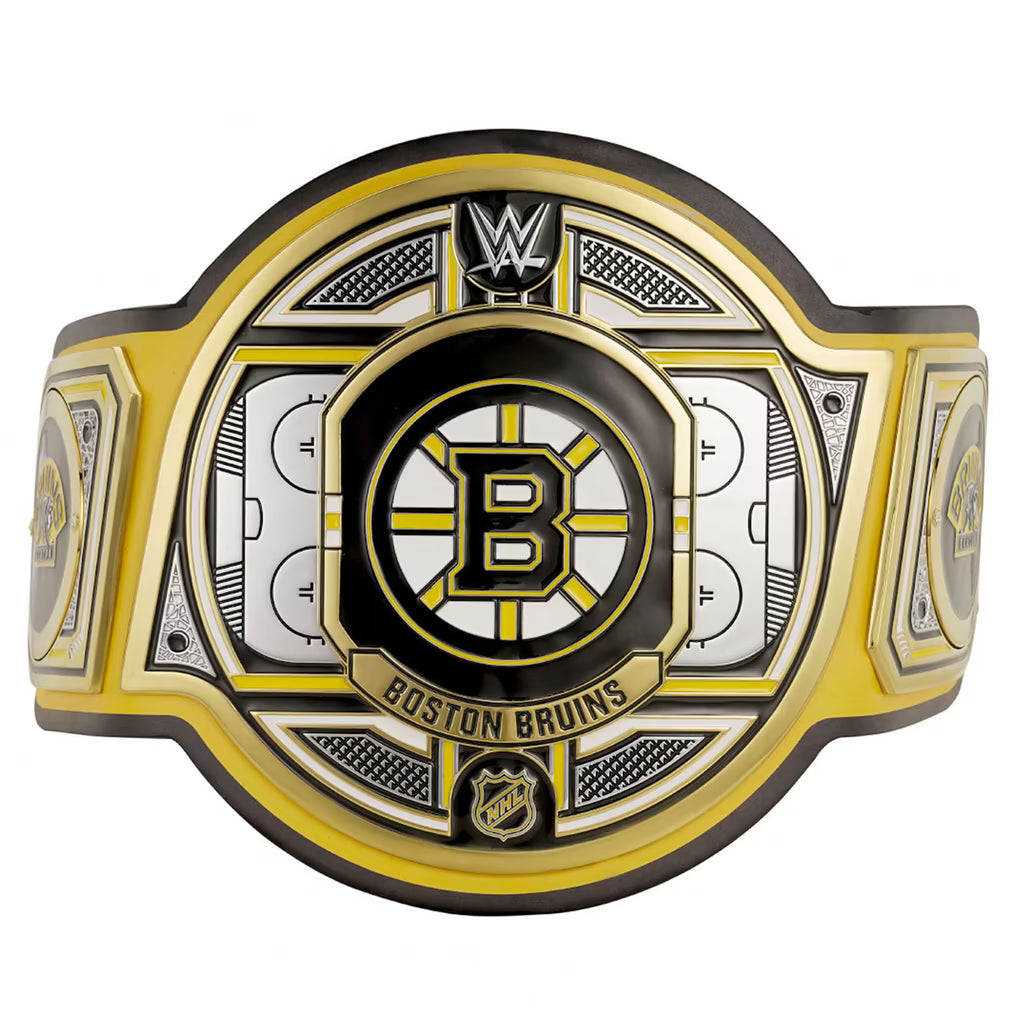 A WWE-branded Boston Bruins championship belt featuring a large central circular plaque with a black, gold, and white Bruins 'B' logo, hockey rink graphics, and 'BOSTON BRUINS' text, shown on a plain white background.