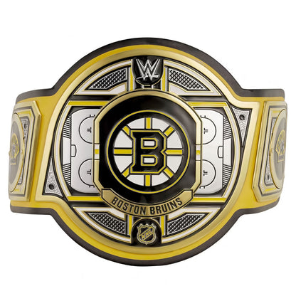 A WWE-branded Boston Bruins championship belt featuring a large central circular plaque with a black, gold, and white Bruins 'B' logo, hockey rink graphics, and 'BOSTON BRUINS' text, shown on a plain white background.