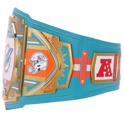 Colorful championship belt with various logos on a white background