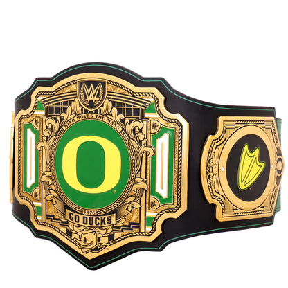 Wrestling championship belt with 'Go Ducks' and 'WWE' logos on a white background