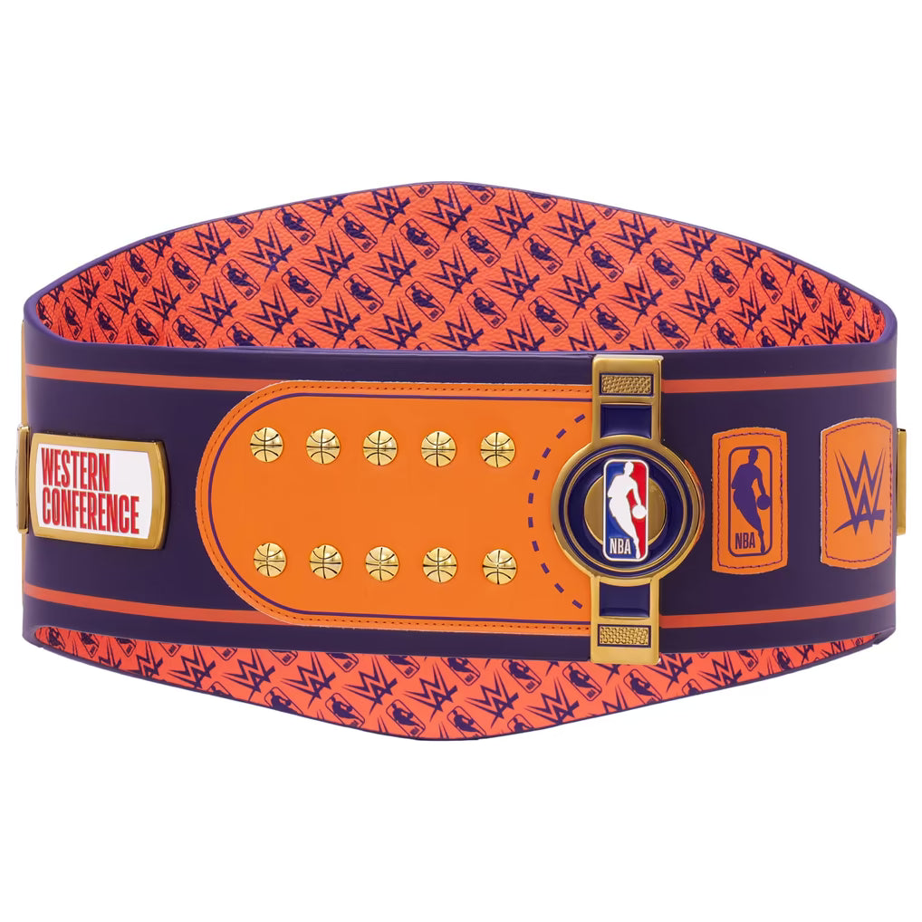 Decorative belt with NBA and WWE logos on a white background