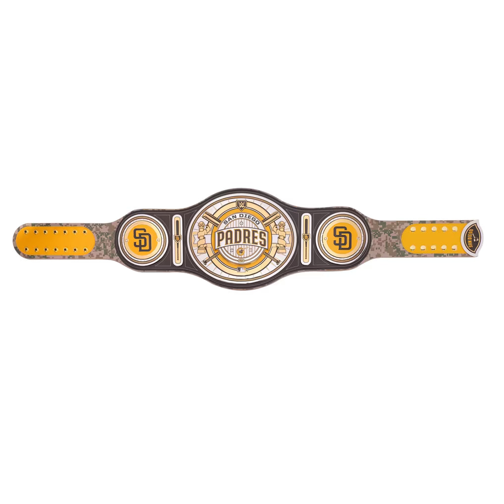 A San Diego Padres championship belt featuring a large central oval plate with the Padres logo, two circular 'SD' emblems on the sides, and a textured strap with yellow panels and gold studs, shown on a plain white background.