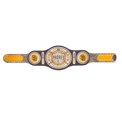 A San Diego Padres championship belt featuring a large central oval plate with the Padres logo, two circular 'SD' emblems on the sides, and a textured strap with yellow panels and gold studs, shown on a plain white background.