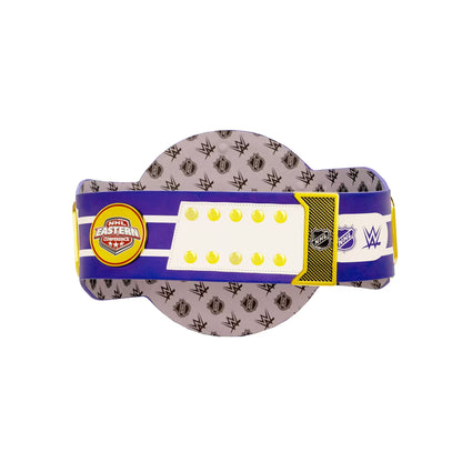 Gray wrestling belt with logos on a white background