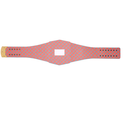 A wide, flat strap-like product with a coral pink and light blue geometric pattern, shown on a plain white background. It has metal grommets on both ends and a blank white rectangular patch in the center.