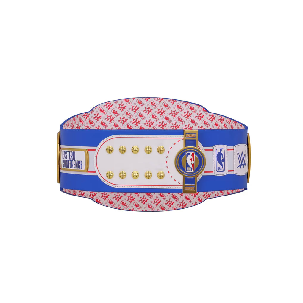 Multi-sport championship belt with various logos on a white background