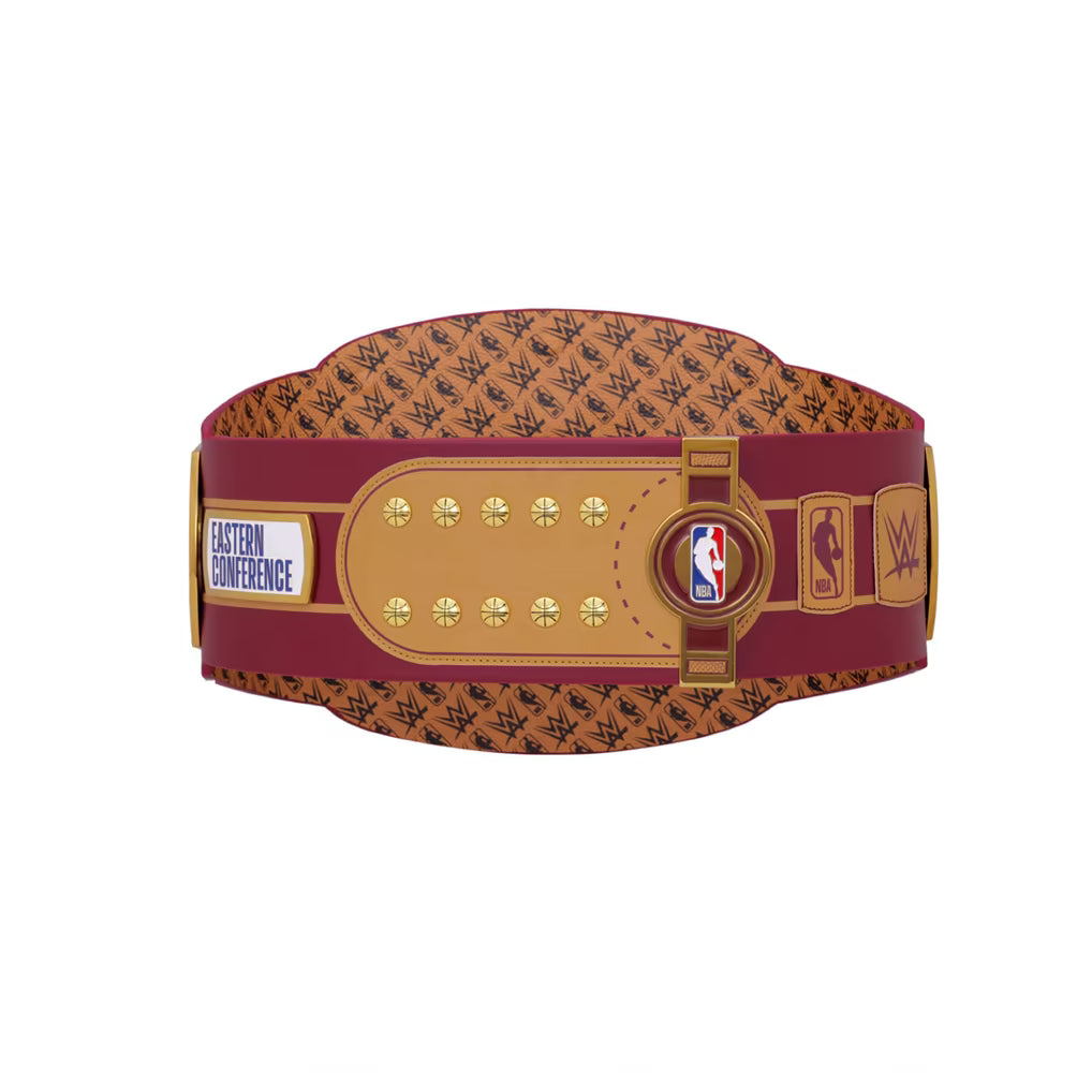 Wrestling championship belt with multiple logos on a white background
