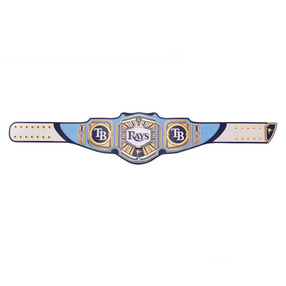 A Tampa Bay Rays replica championship belt with a light blue center, gold trim, and white side panels on a plain white background.