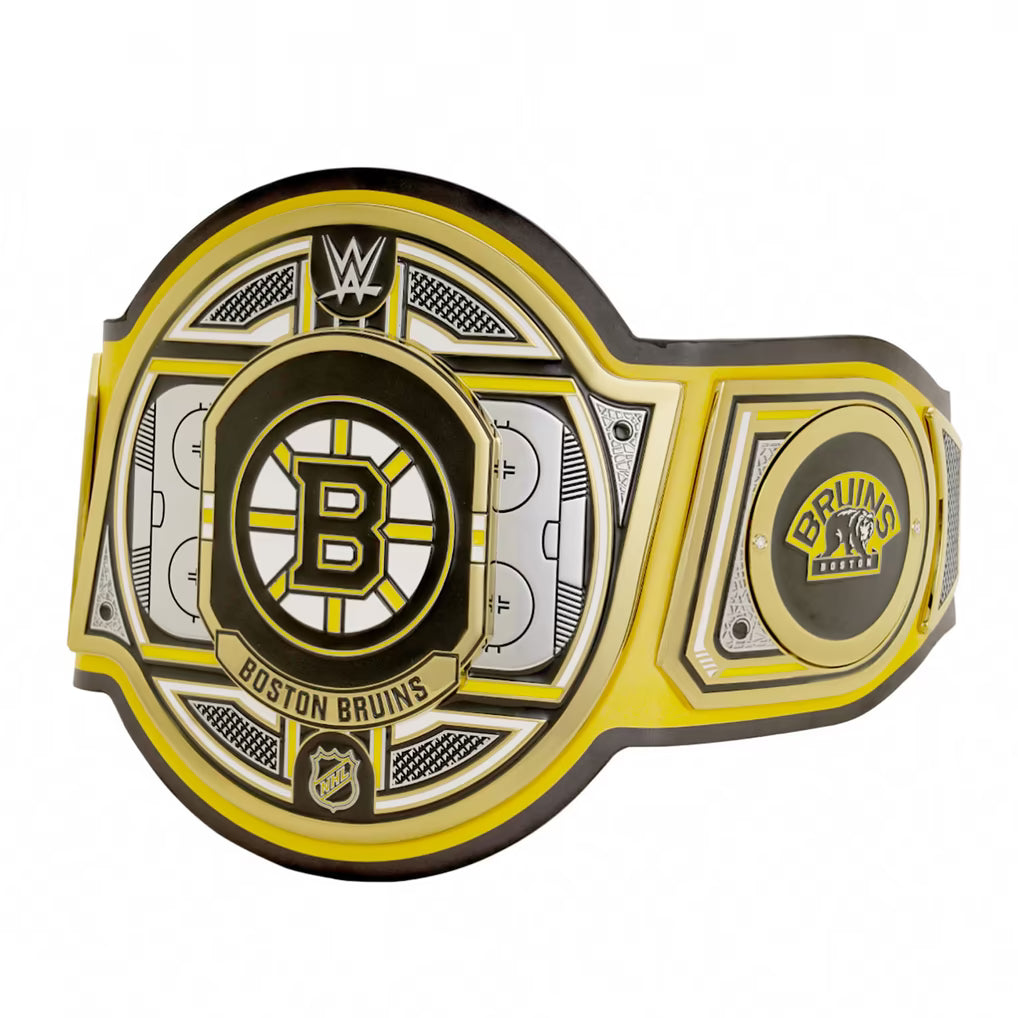 WWE championship belt with Boston Bruins logo on a white background