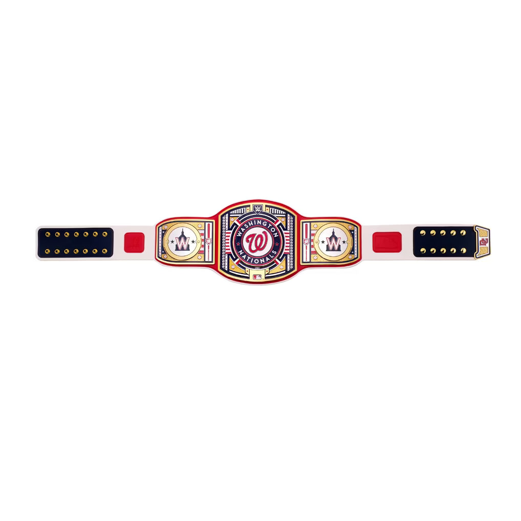 A replica championship belt featuring the Washington Capitals logo and name, with red, white, and navy blue sections and gold accents, displayed horizontally on a plain white background.