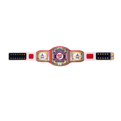 A replica championship belt featuring the Washington Capitals logo and name, with red, white, and navy blue sections and gold accents, displayed horizontally on a plain white background.
