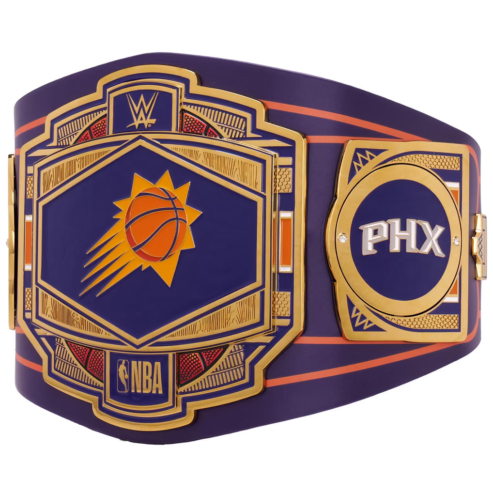 A Phoenix Suns WWE championship belt featuring a purple strap with gold and orange accents, a large central plate with the Suns basketball logo, and a side plate displaying 'PHX'.