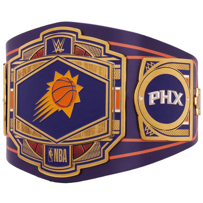 A Phoenix Suns WWE championship belt featuring a purple strap with gold and orange accents, a large central plate with the Suns basketball logo, and a side plate displaying 'PHX'.
