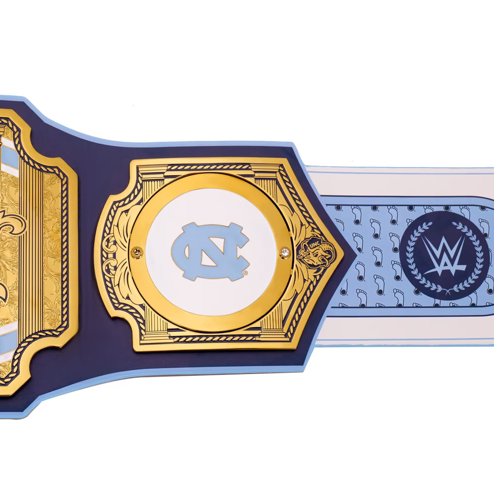 Collaborative championship belt with UNC and WWE logos on a white background