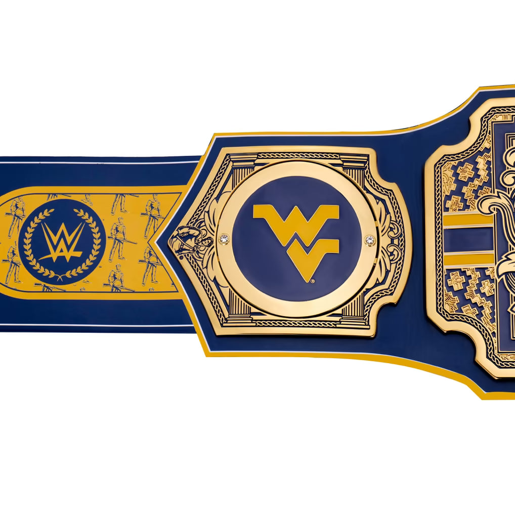A close-up of a blue and gold championship-style belt plate with ornate metal detailing, a large gold 'W' emblem in the center, and a blue strap section on a white background.