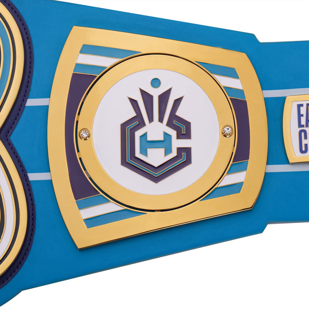Blue championship belt with gold and white emblem on a white background