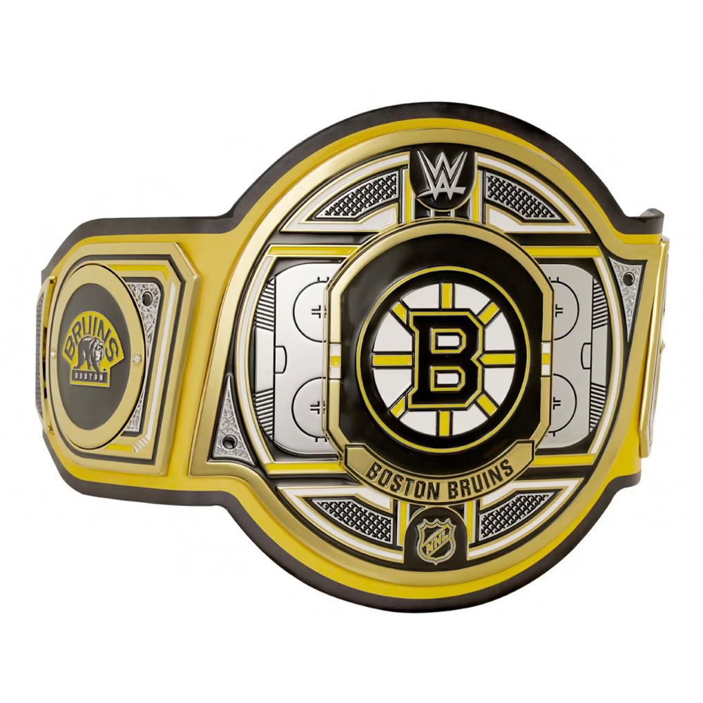 WWE championship belt with Boston Bruins logo on a white background
