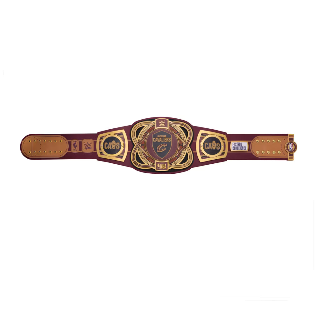 Cleveland Cavaliers championship belt with a burgundy leather strap and ornate gold and navy blue metal plates, shown against a plain white background.