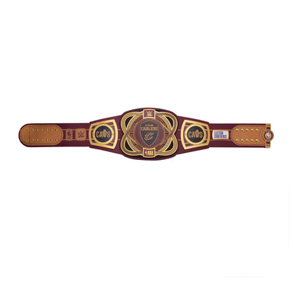 Cleveland Cavaliers championship belt with a burgundy leather strap and ornate gold and navy blue metal plates, shown against a plain white background.