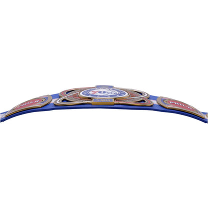 A blue championship belt with gold, red, and white details, featuring the text 'WBA', 'WBC', 'WBO', and 'WBA+'.
