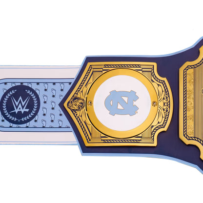 Wrestling championship belt with blue and gold design, featuring a logo on a white background.