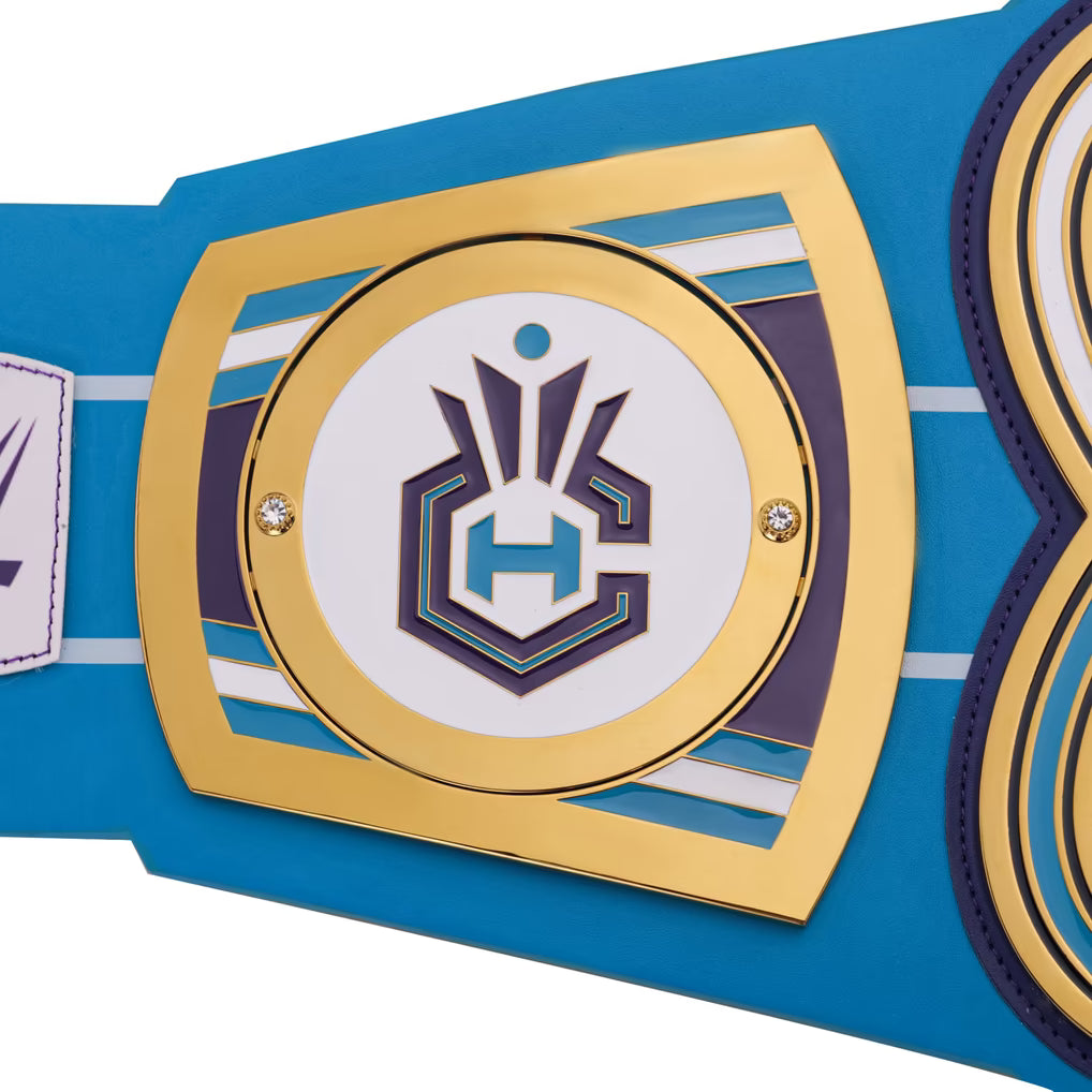 Blue championship belt with gold and purple emblem on a white background