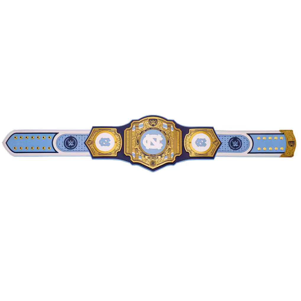 A replica championship belt featuring the UNC Tarriers logo, with a navy blue strap, gold-plated metal plates, and light blue accents.