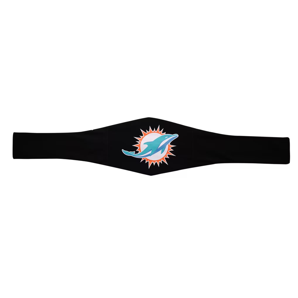 A black athletic headband featuring the Miami Dolphins logo in the center, displayed flat against a solid white background.