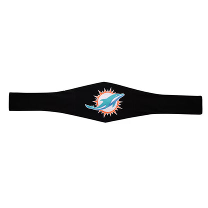 A black athletic headband featuring the Miami Dolphins logo in the center, displayed flat against a solid white background.