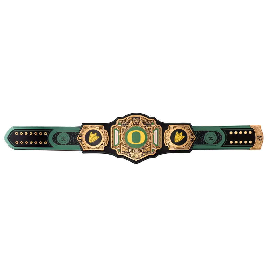 Oregon Ducks championship belt featuring a black and green strap with ornate gold-plated metal plates and a large central 'O' logo.