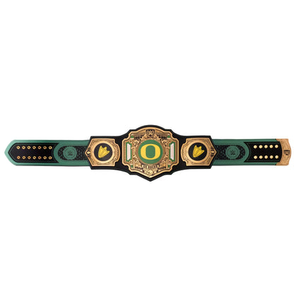 Oregon Ducks championship belt featuring a black and green strap with ornate gold-plated metal plates and a large central 'O' logo.