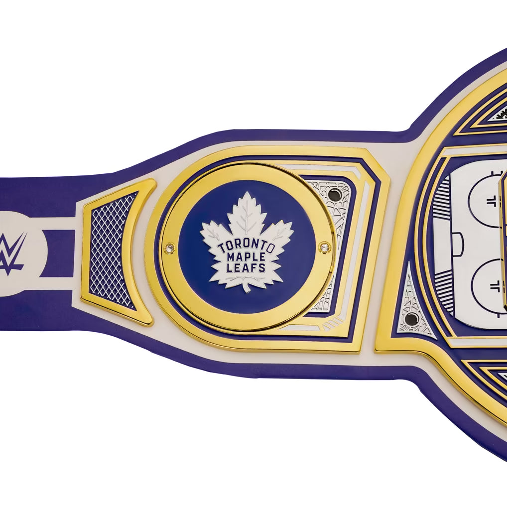 Toronto Maple Leafs championship belt with blue and gold design on a white background