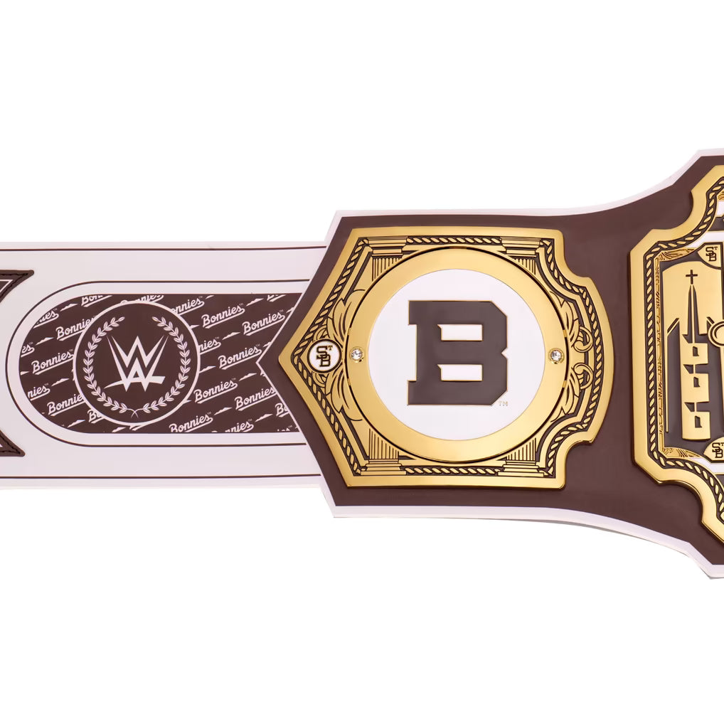 Wrestling championship belt with gold and brown design on a white background