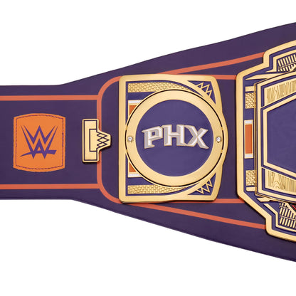 Wrestling championship belt with 'PHX' and WWE logos on a white background