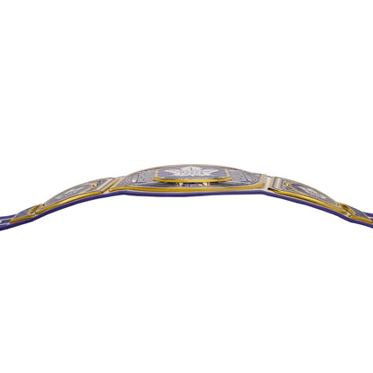 Decorative belt with blue and gold design on a white background